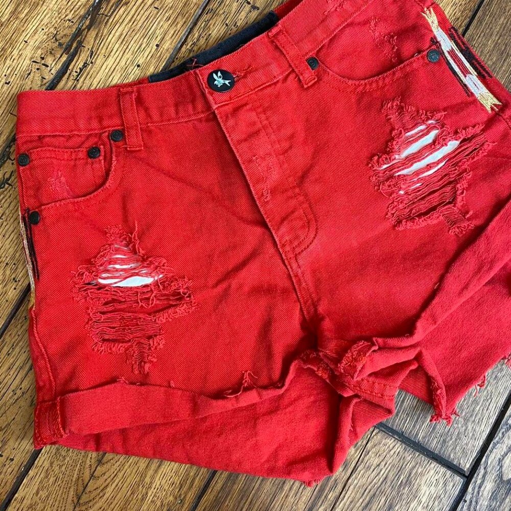 ONE TEASPOON Thrashed Red Denim Shorts
